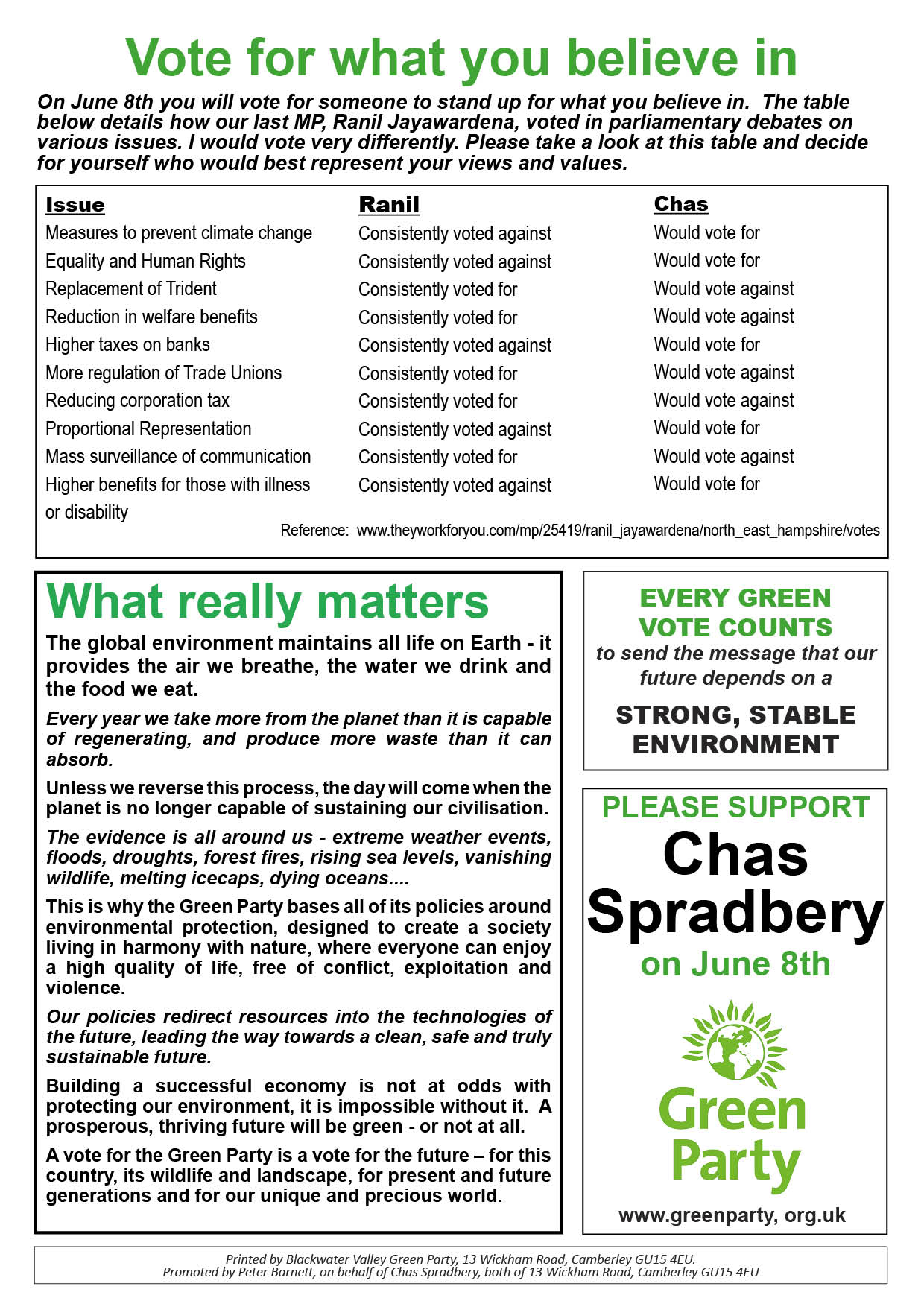 GE2017 Flyer for Chas Spradbery in North East Hampshire